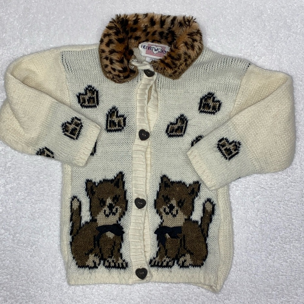Vintage heartworks leopard print kitty cat cardigan sweater 18m